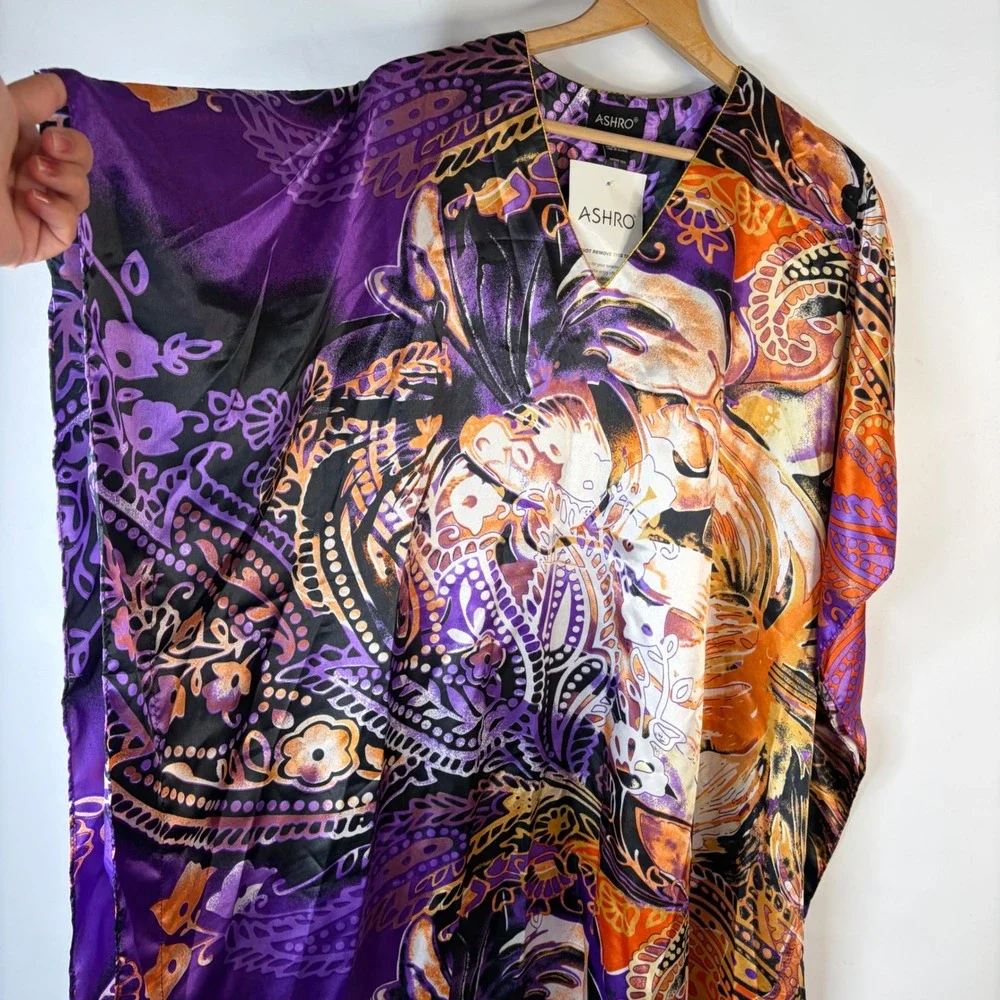 Ashro Kaftan Women Free Size Purple Orange Paisley Satin V-Neck Kimono Sleeve